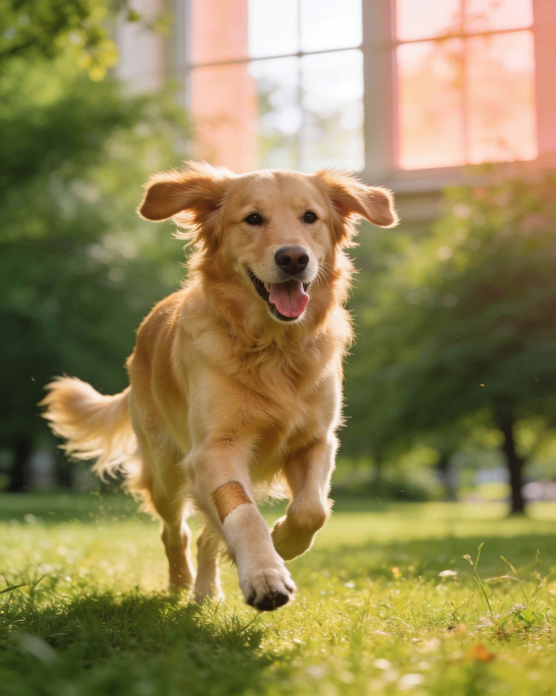 A happy golden retriever running across a sunny meadow with a patch of short fur on one knee.