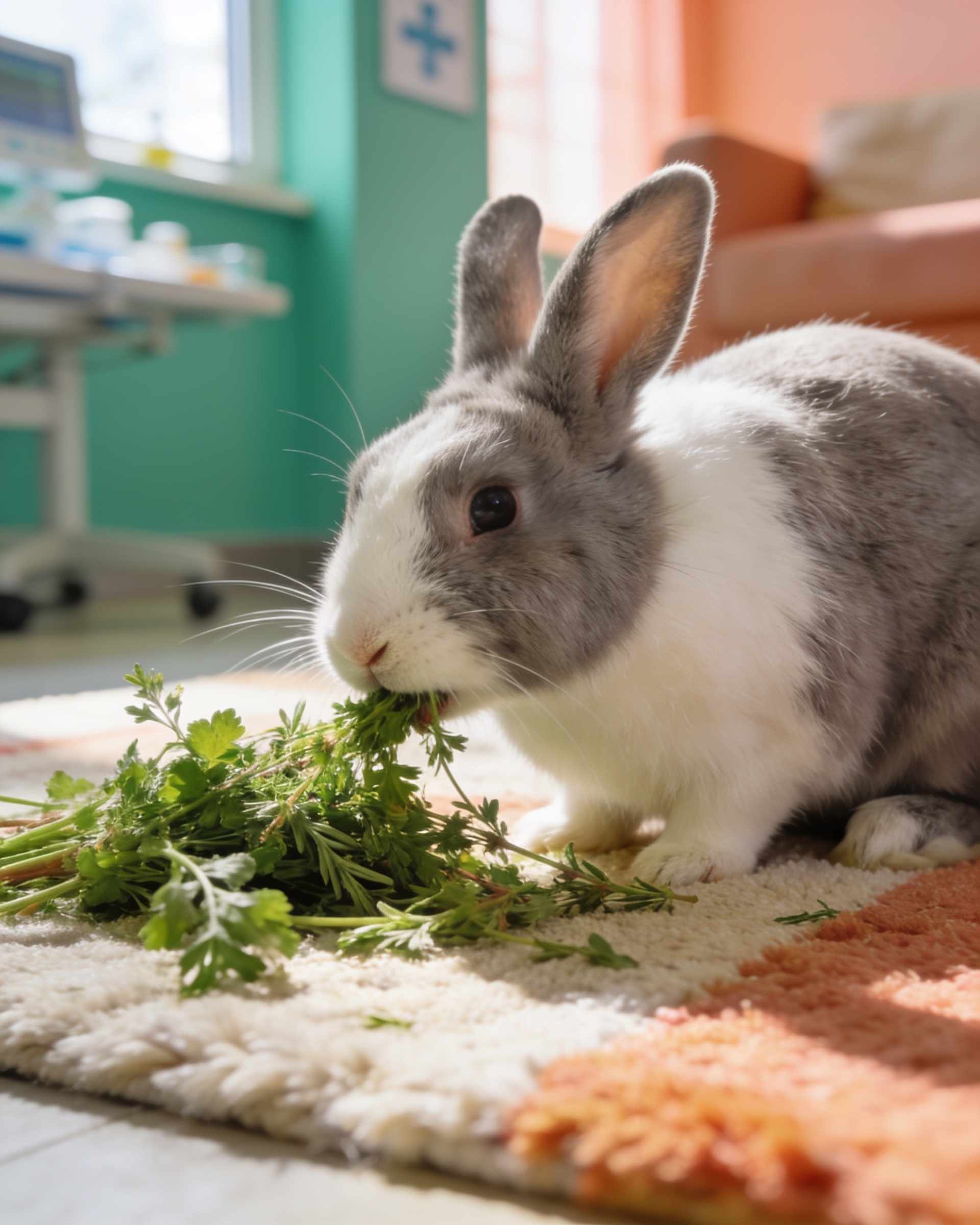 A small grey and white rabbit nibbling fresh herbs on a cozy rug.