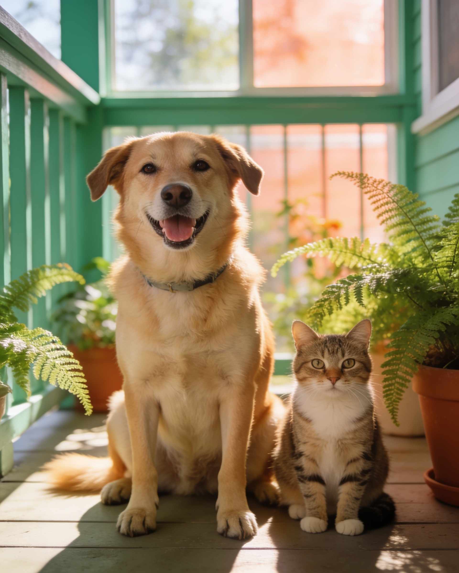 A happy dog and a cat sitting together on a sunny porch with ferns.