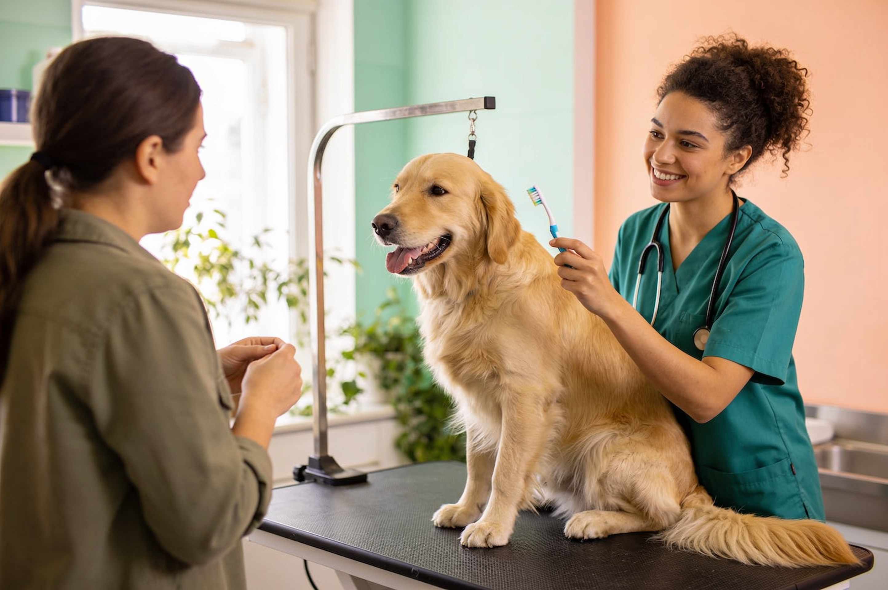 A calm golden retriever on an exam table while a smiling vet holds a dog toothbrush and talks to the owner.
