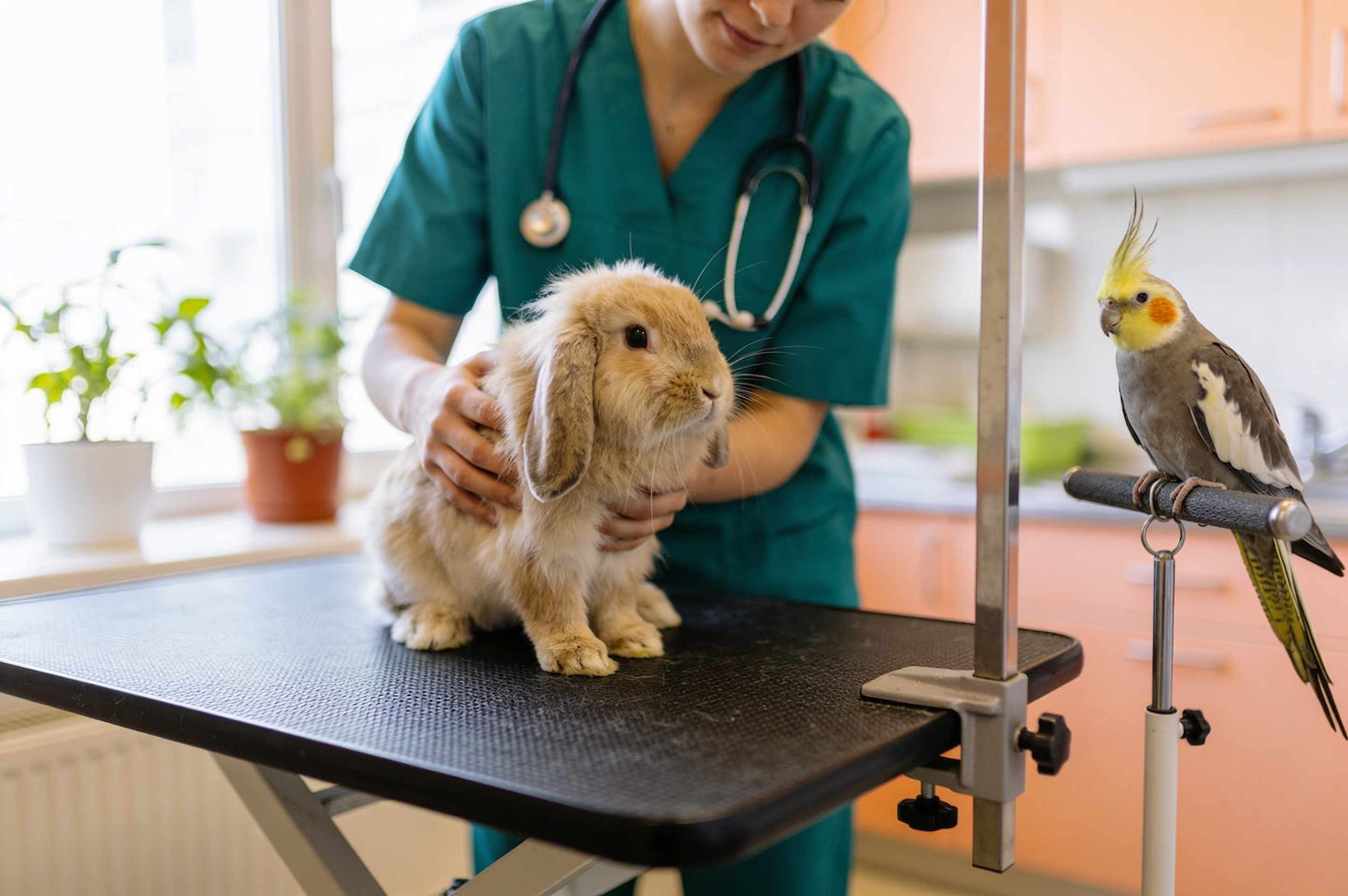 A vet gently holding a fluffy lop-eared rabbit on an exam table, a cockatiel on a perch nearby.