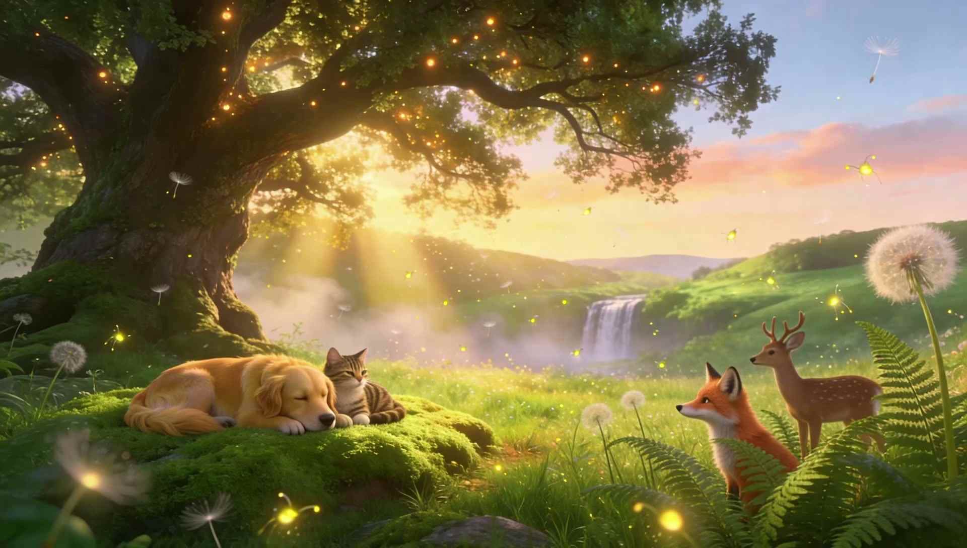 A golden retriever and a tabby cat resting together on moss under an ancient oak in a sunlit enchanted meadow, a fox and a deer watching from the ferns.