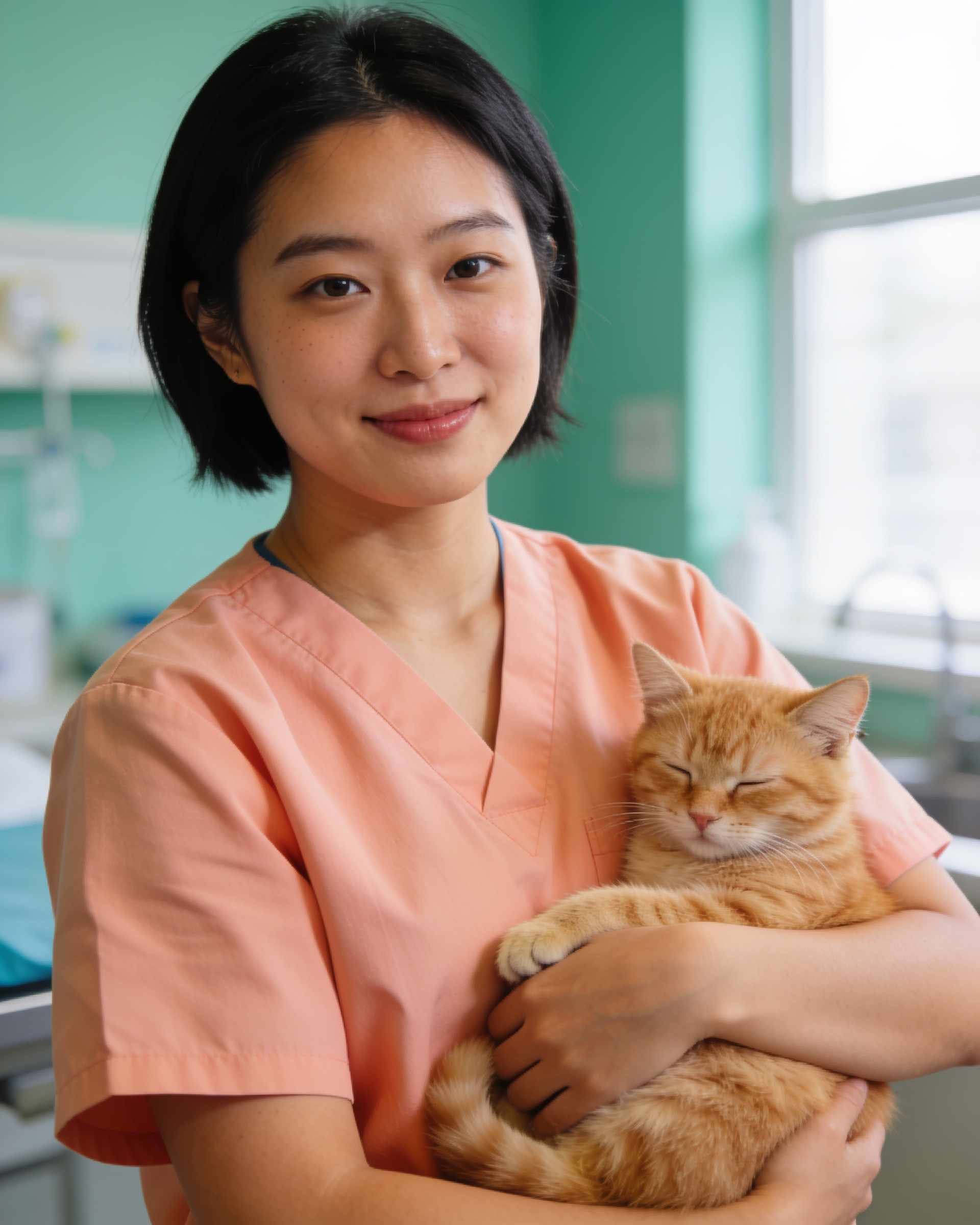 Portrait of a kind veterinary nurse in peach scrubs cradling a sleepy orange kitten.