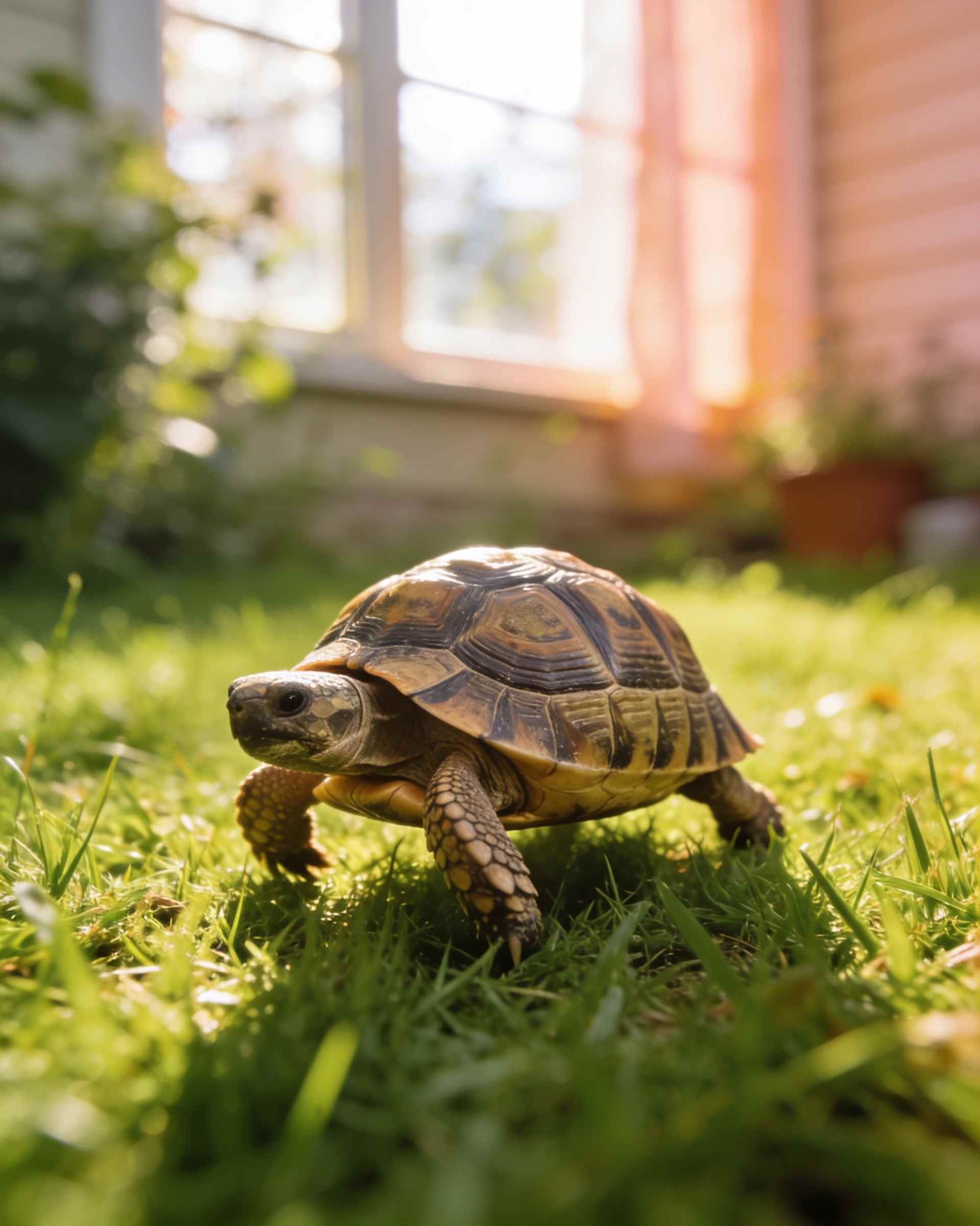 A small tortoise walking across lush green grass in a sunny backyard.