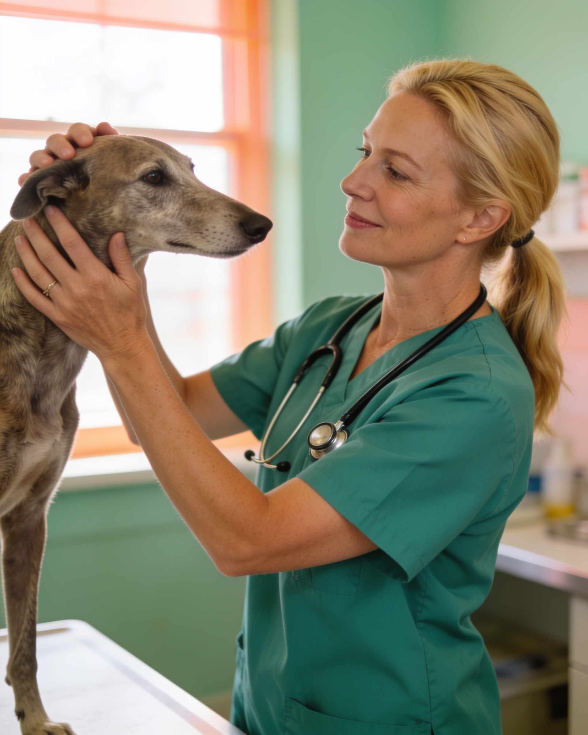 Portrait of a smiling vet with blonde hair in a sage scrub top, gently holding a greyhound’s head.