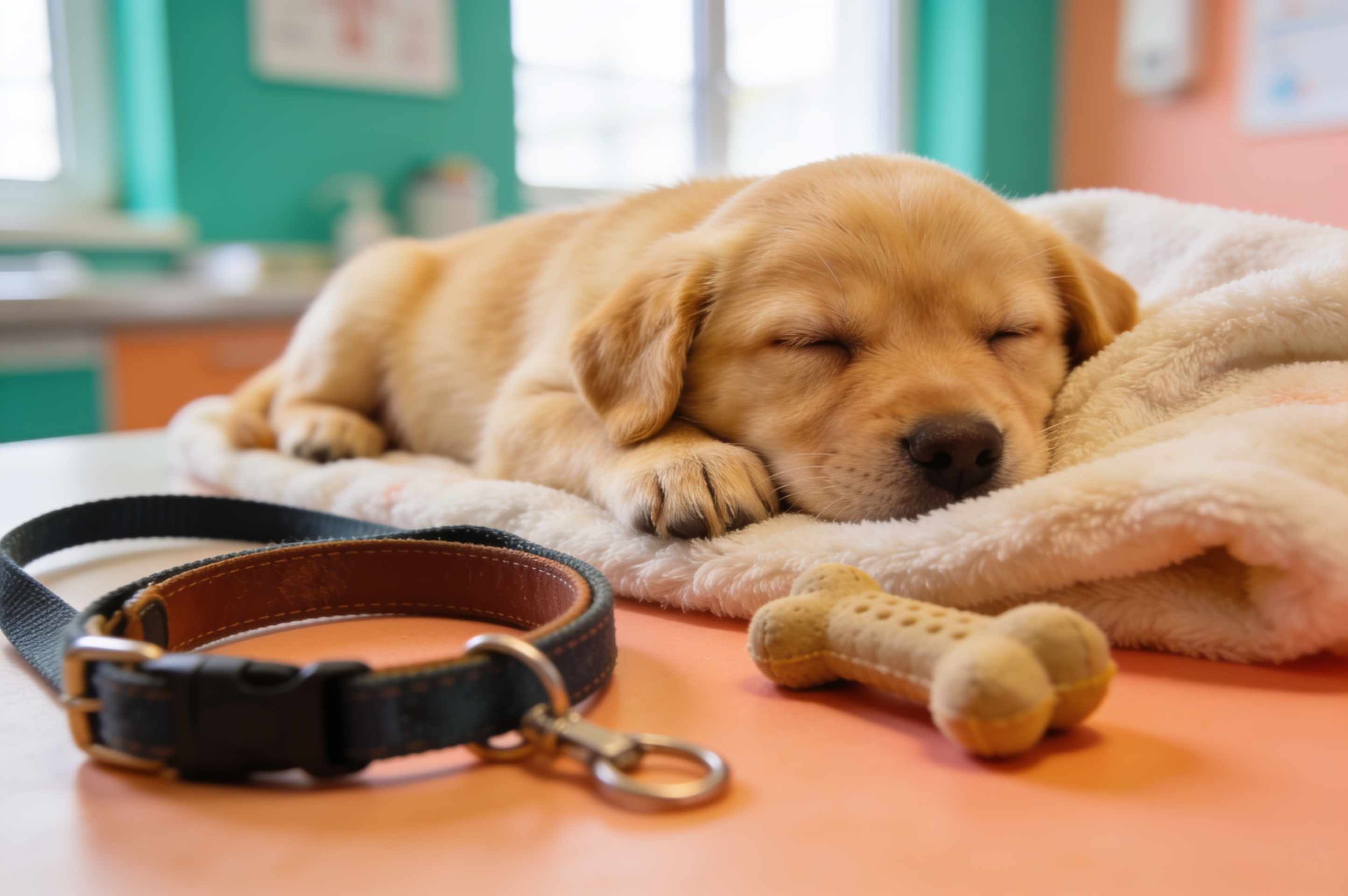 A tiny golden puppy asleep on a soft blanket next to a new collar, a lead and a chew toy.
