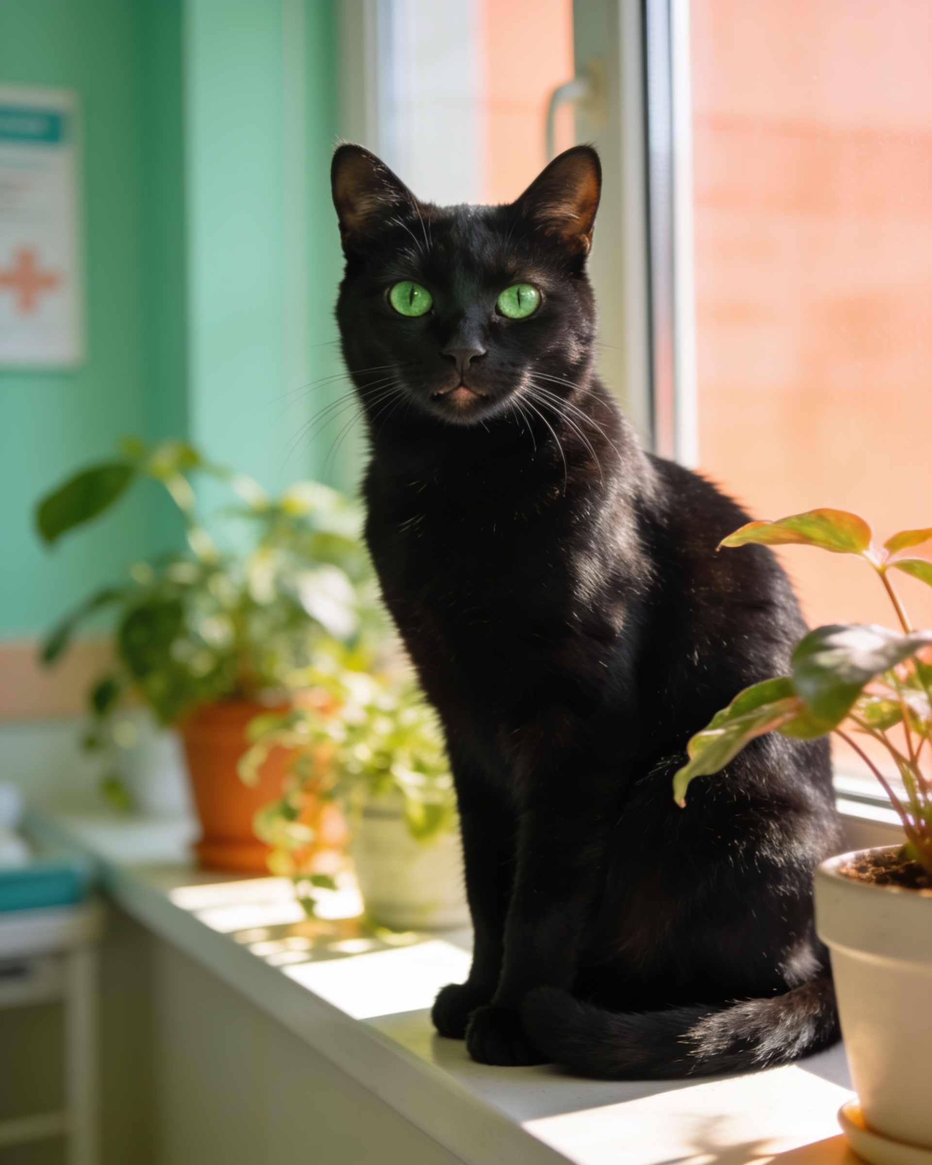 A sleek black cat with green eyes sitting on a sunny windowsill among plants.