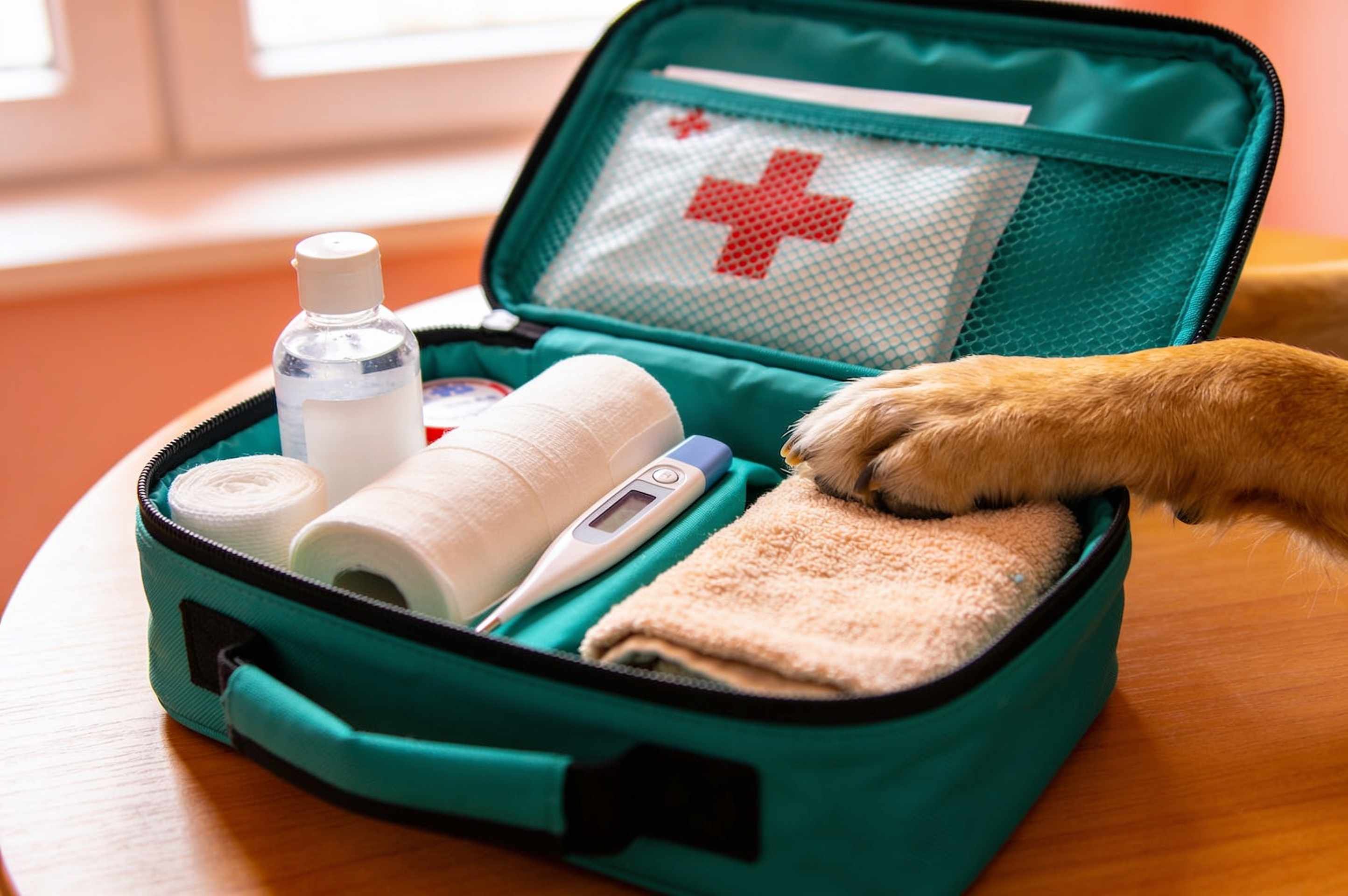 An open pet first aid kit with bandages, gauze, a thermometer and a towel, a dog’s paw at its edge.