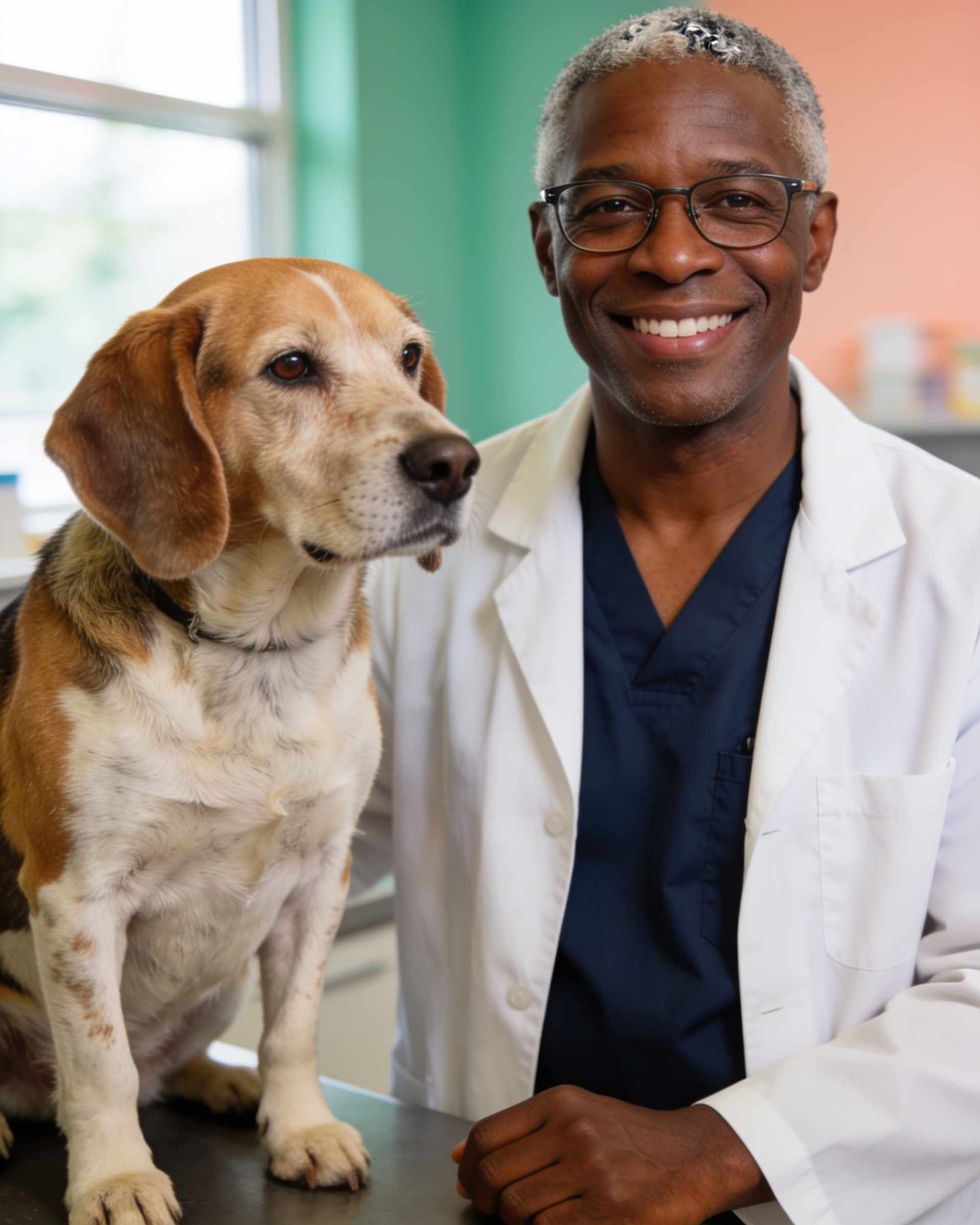 Portrait of a smiling vet with glasses in a white coat beside an older beagle.