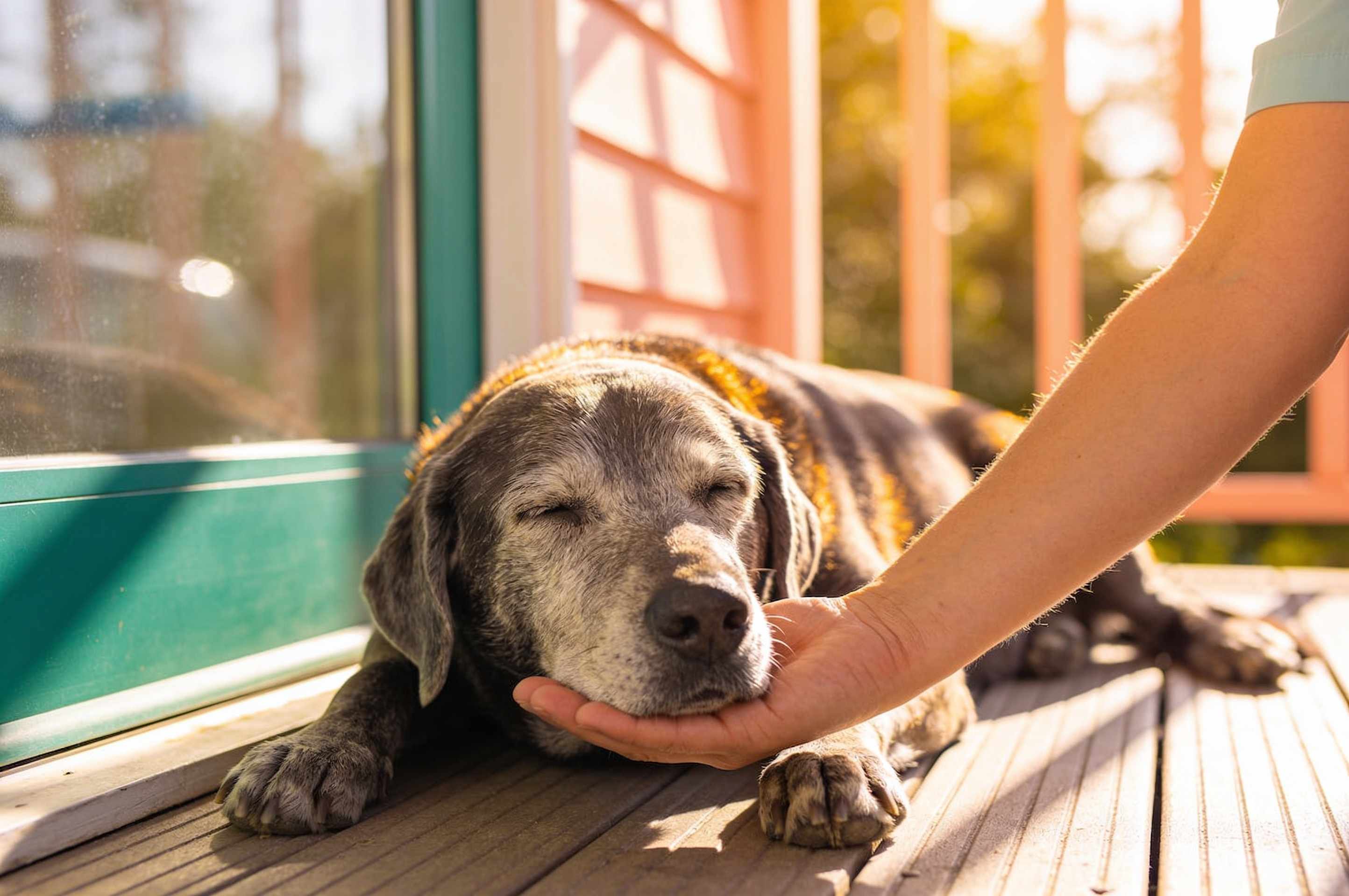 An old grey-muzzled labrador resting on a sunny porch with its owner’s hand on its chin.
