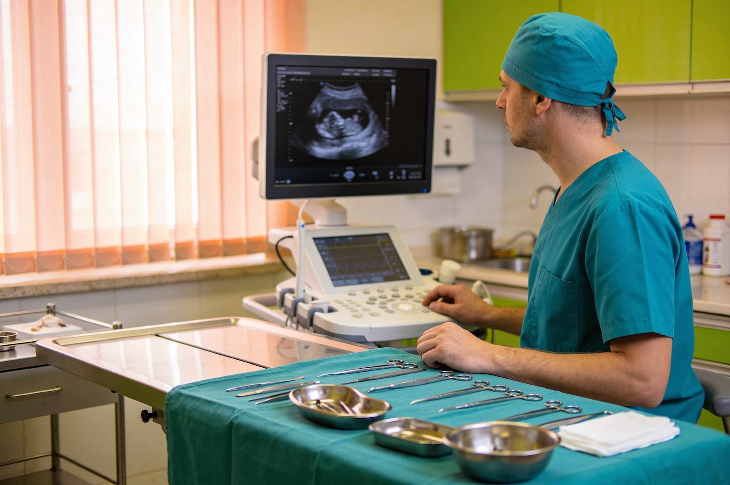 A calm surgery suite with soft lighting, a vet in teal scrubs at a monitor and sterile instruments laid out.