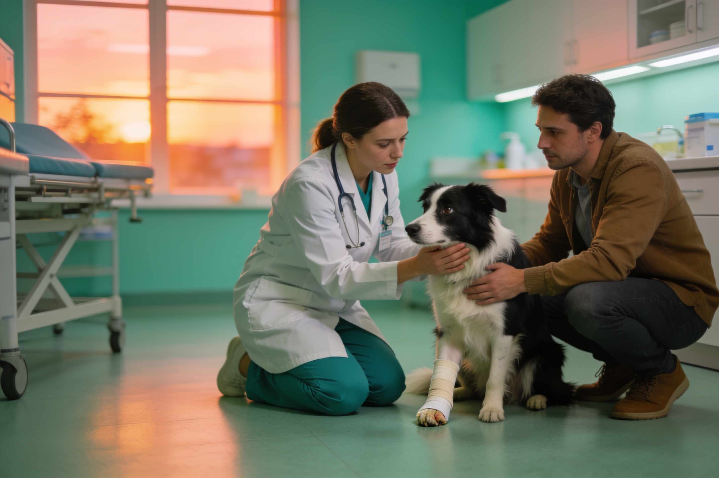 A vet kneeling on the clinic floor to comfort a worried border collie with a bandaged paw, the owner beside them.