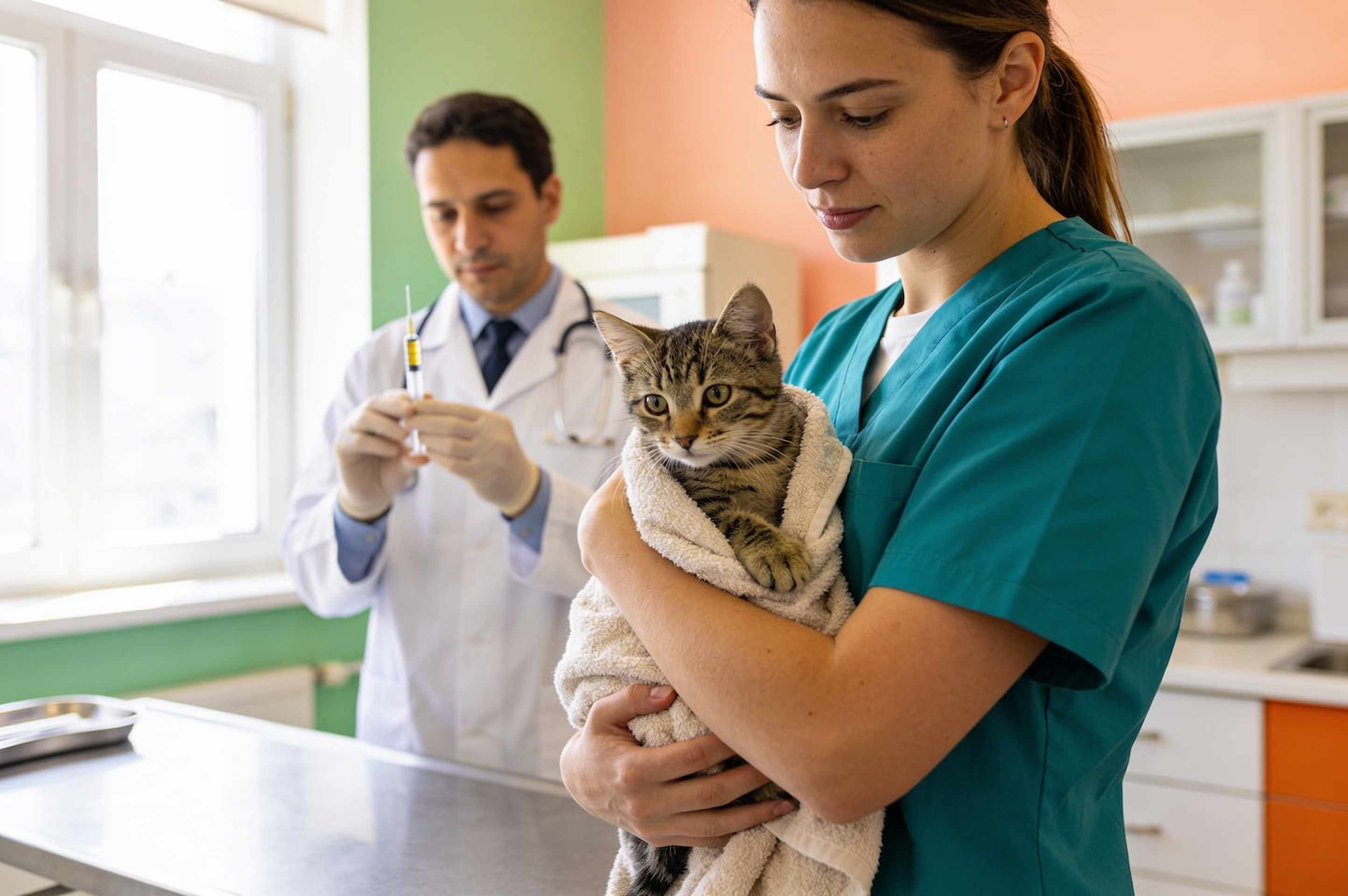 A vet nurse cuddling a tabby kitten in a towel while a vet prepares a small vaccine.