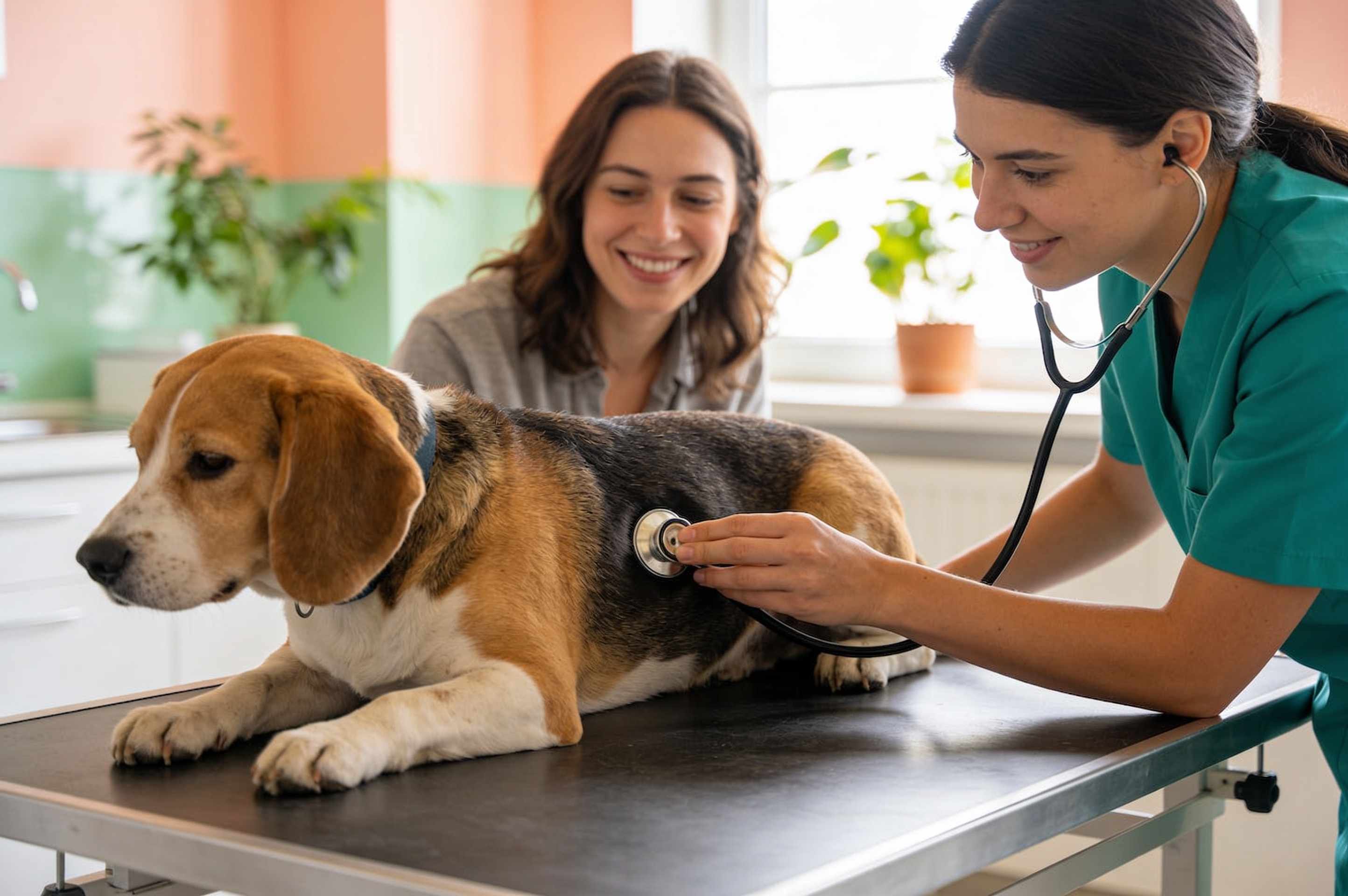 A vet listening to a calm beagle’s heart with a stethoscope on an exam table, the owner smiling beside.